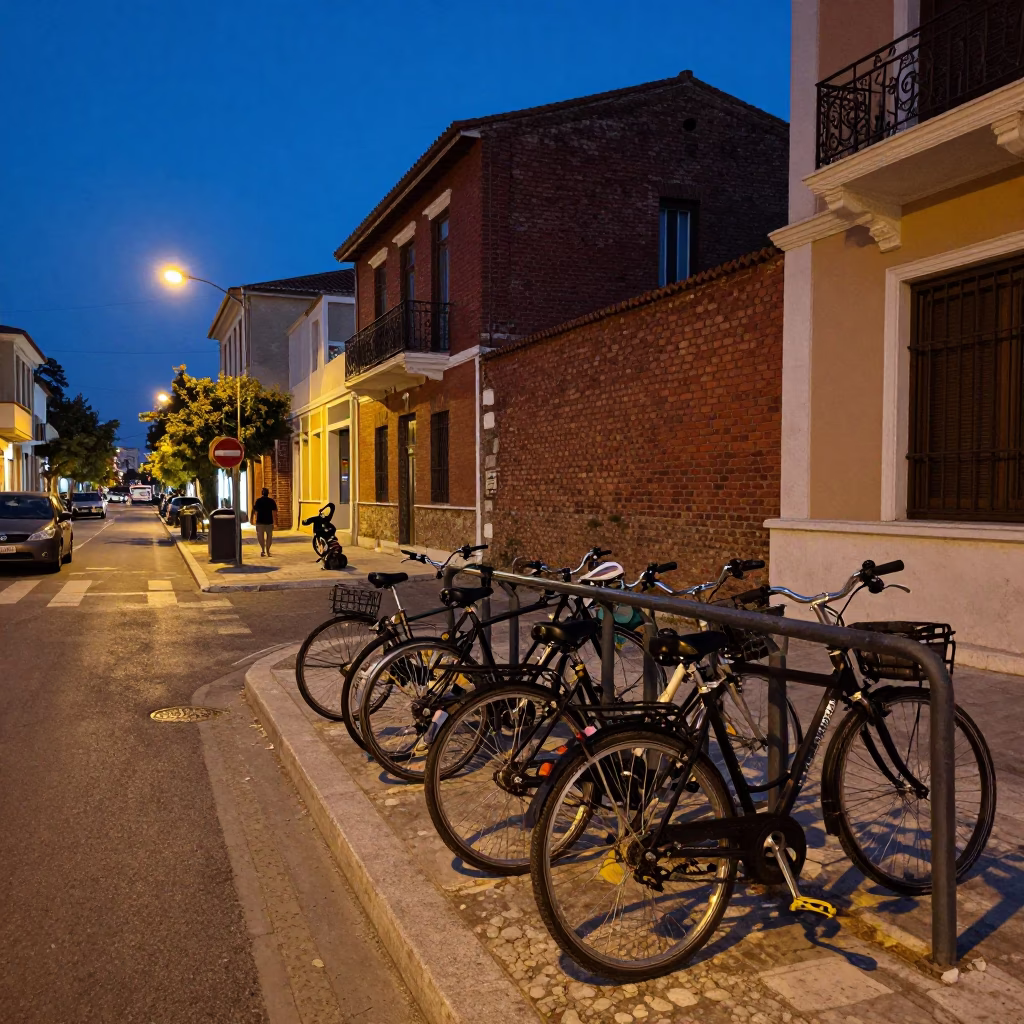 Indigo twilight street scene in Athens Greece with parked bicycles and urban architecture in in Athens, Greece