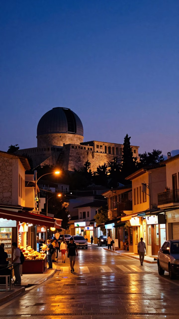 Indigo Twilight Street Scene in Athens Greece with Stone Observatory and Chestnut Tree in in Athens, Greece