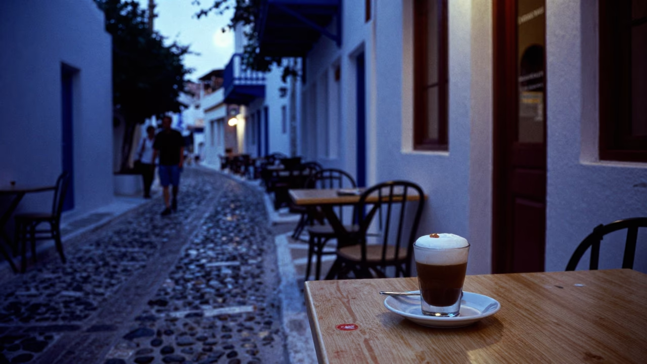 Indigo Twilight Street Scene in Athens Greece with Vietnamese Egg Coffee and Local Activity in in Athens, Greece
