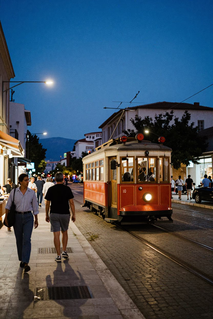 Indigo Twilight Street Scene in Athens Greece with Vintage Tram and Pedestrians in in Athens, Greece