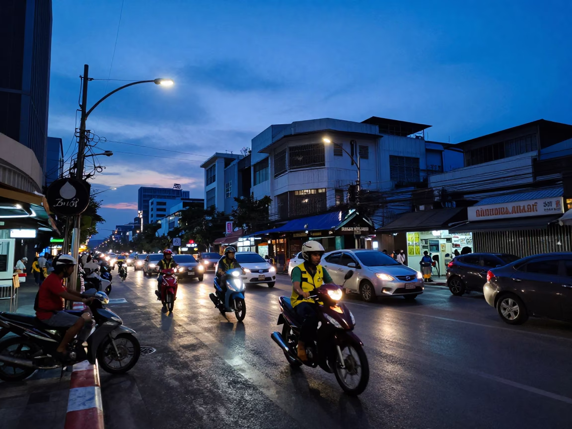 Indigo Twilight Street Scene in Bangkok Thailand with Motorbike and Urban Details in in Bangkok, Thailand