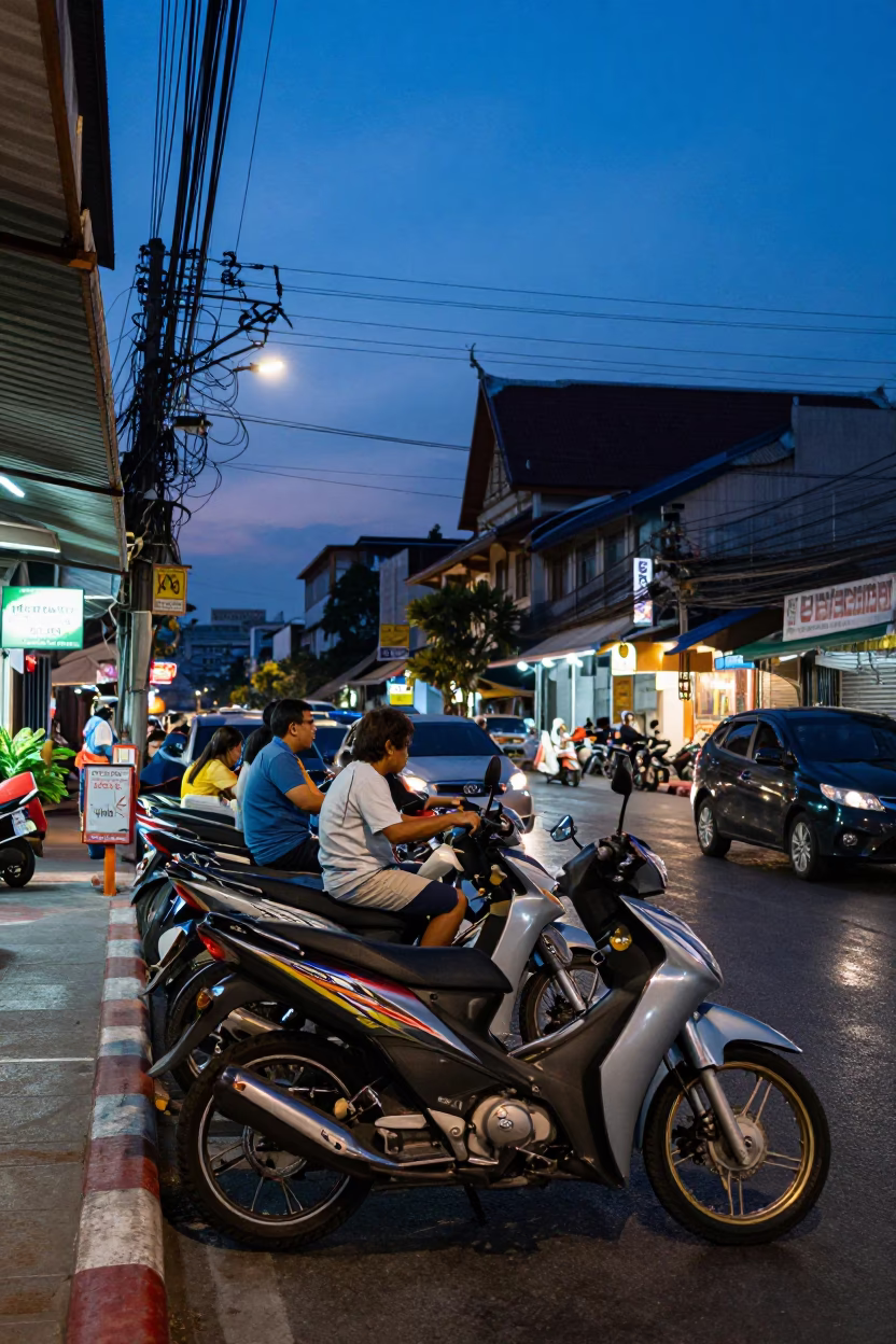 Indigo Twilight Street Scene in Bangkok Thailand with Motorcycles and Local Life in in Bangkok, Thailand