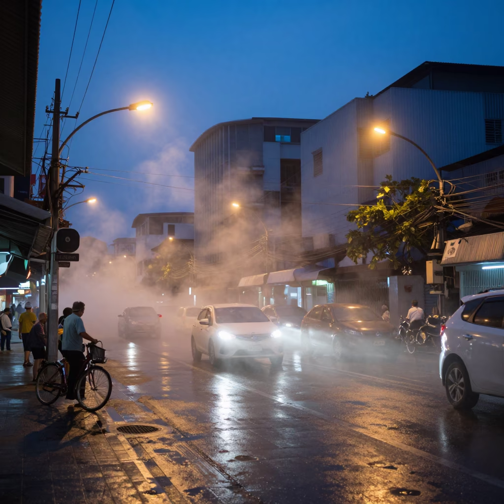 Indigo Twilight Street Scene in Bangkok Thailand with Steam Haze and Coffee Mugs in in Bangkok, Thailand