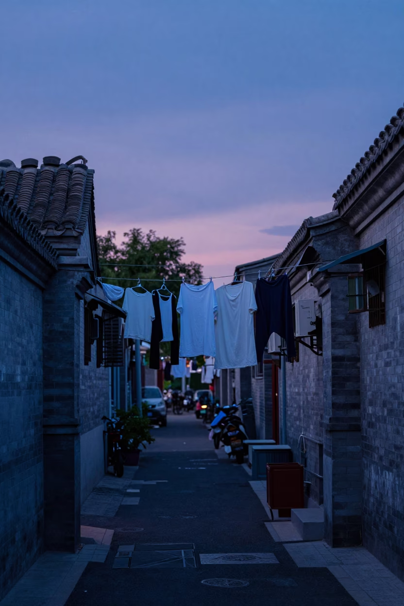 Indigo Twilight Street Scene in Beijing China with Laundry and Urban Life in in Beijing, China
