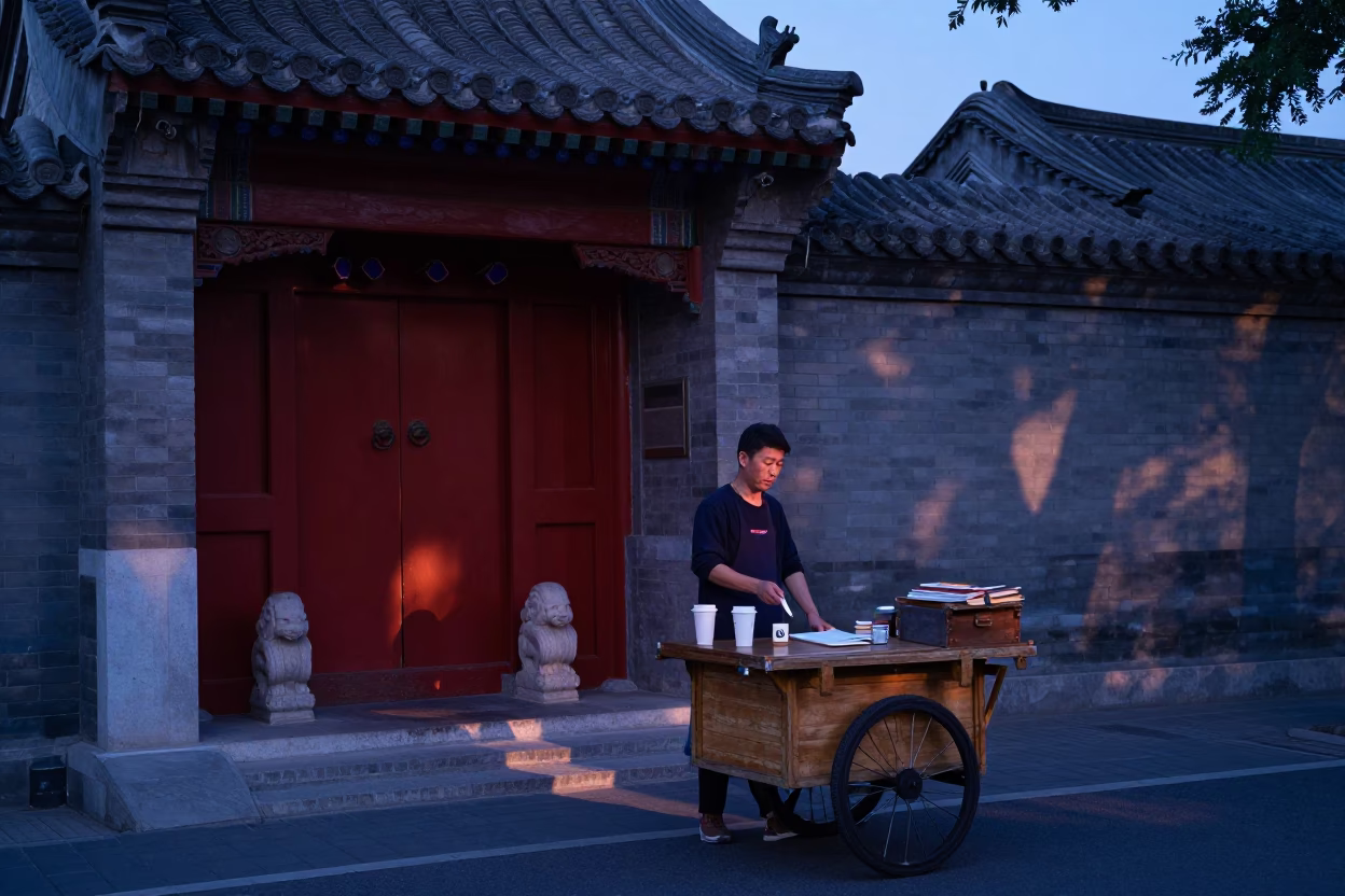 Indigo Twilight Street Scene in Beijing China with Notebook and Coffee Cupper in in Beijing, China