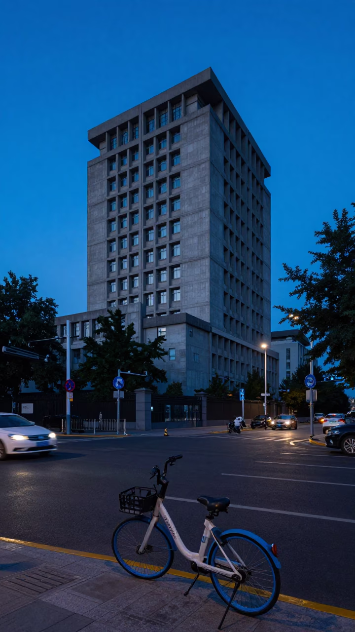 Indigo Twilight Street Scene in Beijing with Bicycle and Concrete Architecture in in Beijing, China