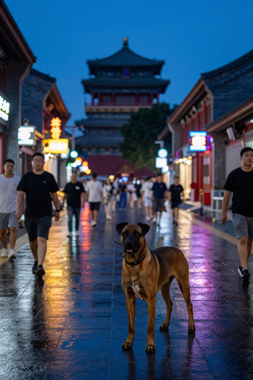 Indigo Twilight Street Scene in Beijing with Boerboel Dog and Steamy Food Vendor in in Beijing, China