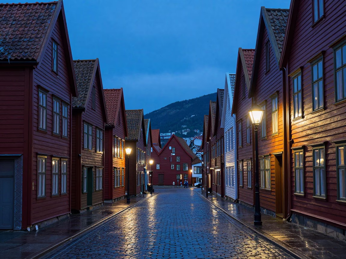 Indigo Twilight Street Scene in Bergen Norway with Colorful Hanseatic Houses and Local Life in in Bergen, Norway