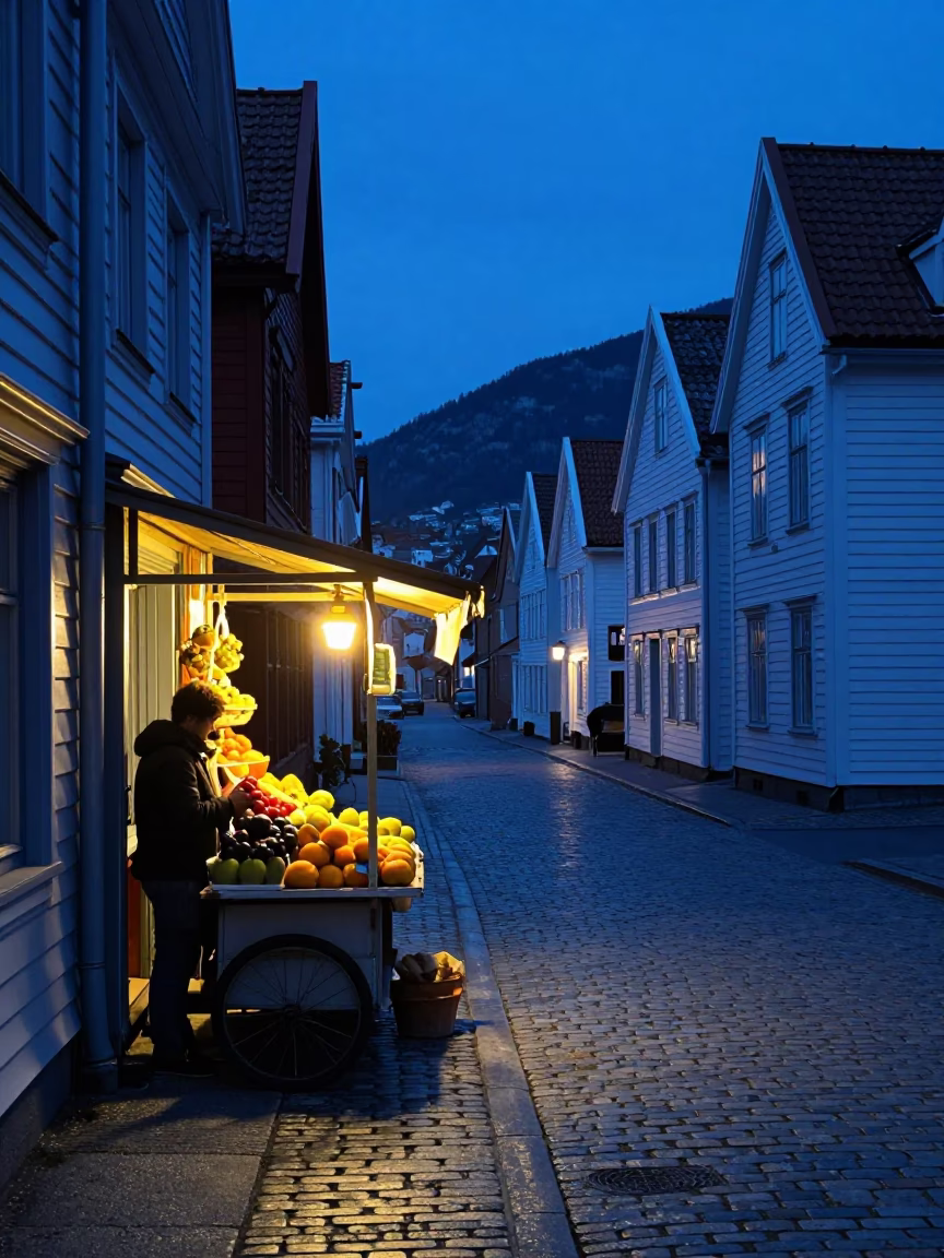Indigo Twilight Street Scene in Bergen Norway with Fruit Stand and Brass Fixtures in in Bergen, Norway