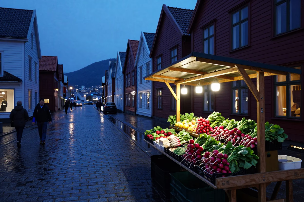 Indigo Twilight Street Scene in Bergen Norway with Local Market Produce in in Bergen, Norway