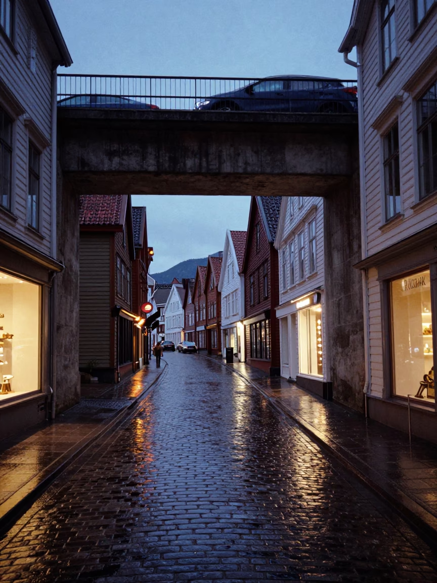 Indigo Twilight Street Scene in Bergen Norway with Rain-Slicked Cobblestones and Traffic Shadows in in Bergen, Norway