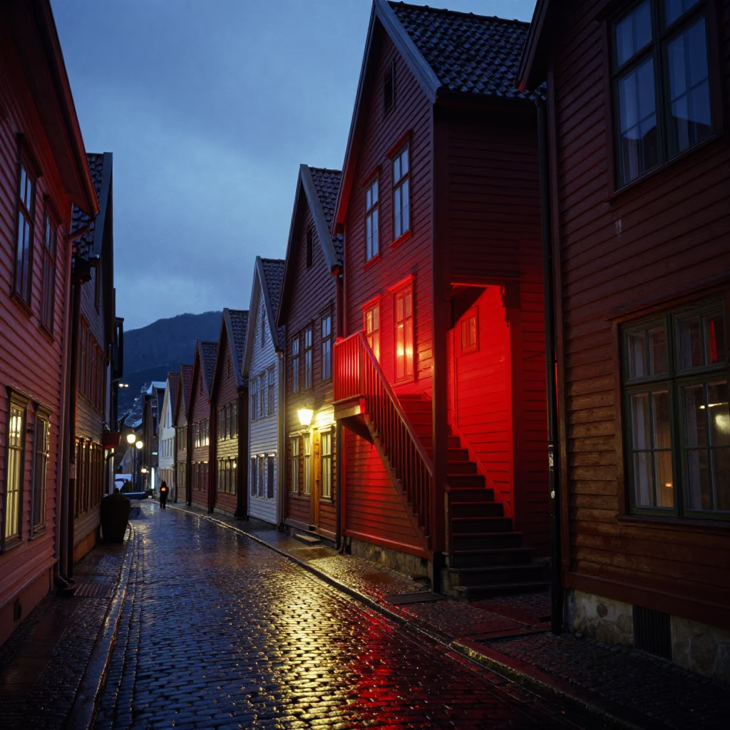 Indigo Twilight Street Scene in Bergen Norway with Red Lighted Stairwell in in Bergen, Norway