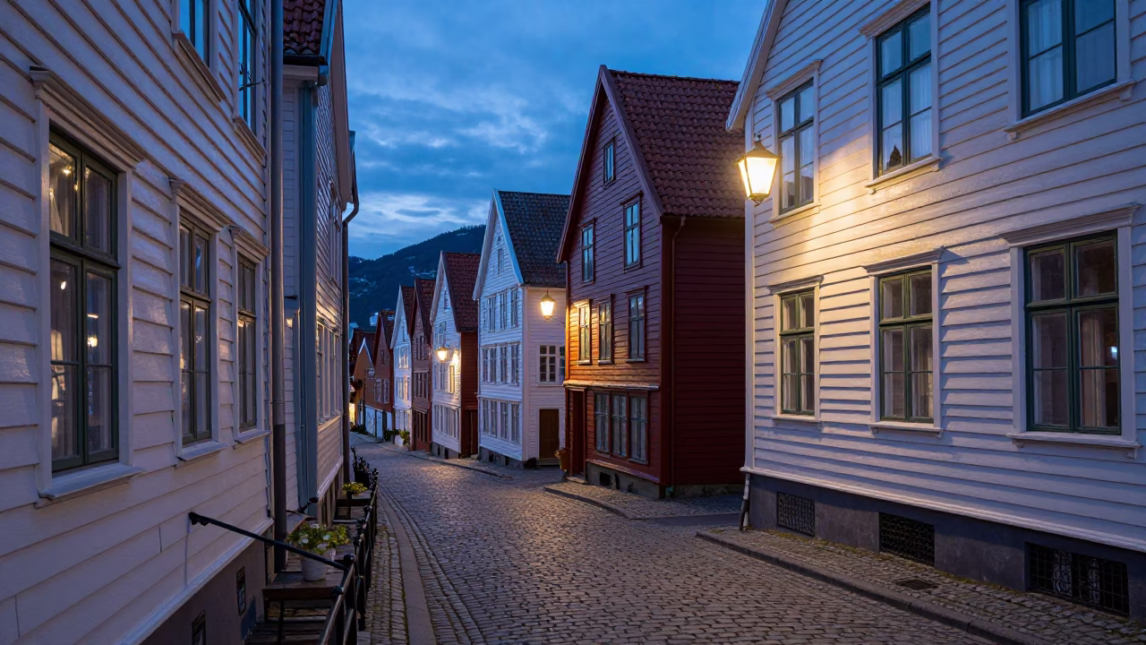 Indigo Twilight Street Scene in Bergen Norway with Stair Rail and Wicker Shadows in in Bergen, Norway
