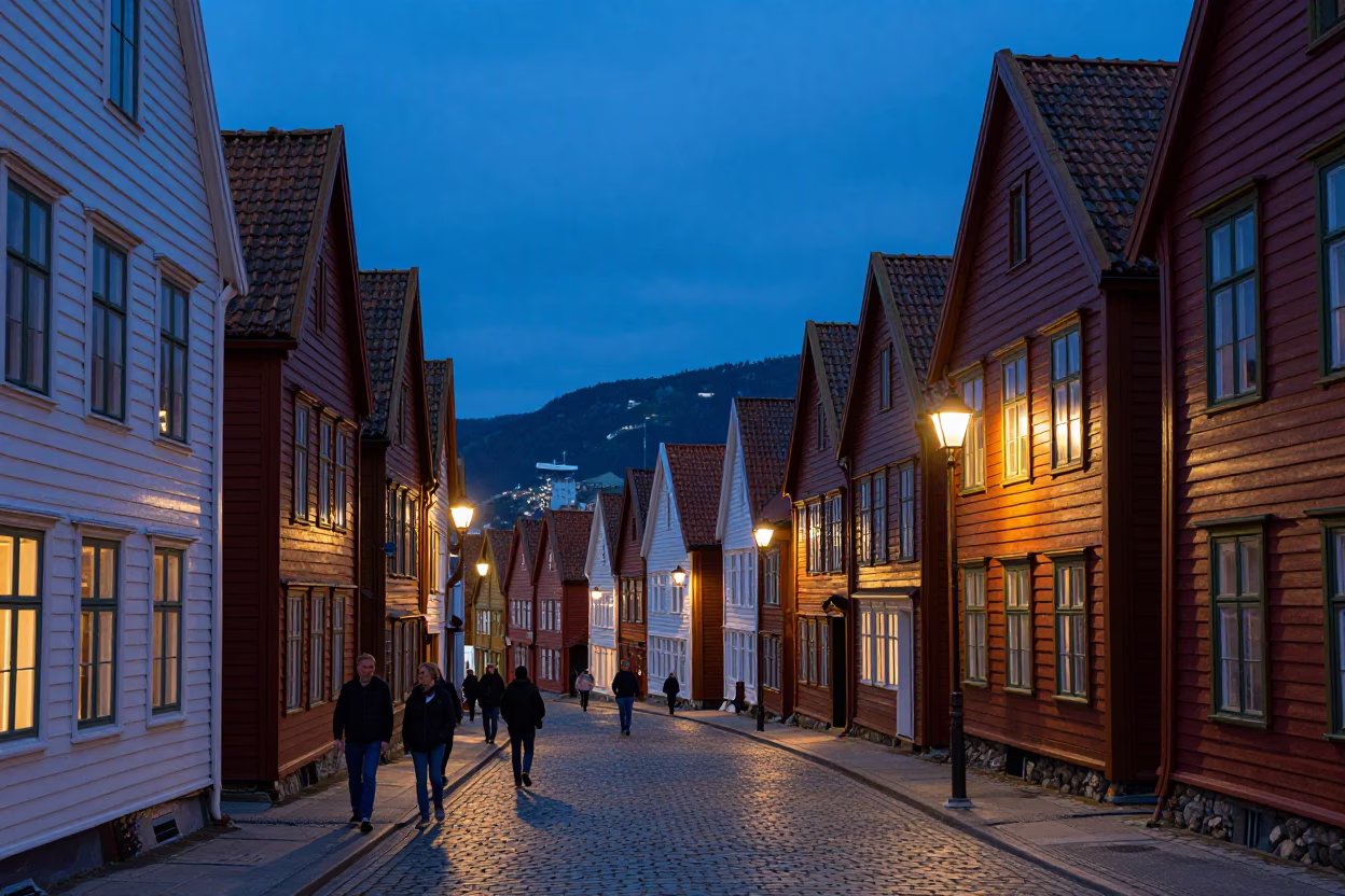 Indigo Twilight Street Scene in Bergen Norway with Traditional Wooden Houses and Pedestrians in in Bergen, Norway