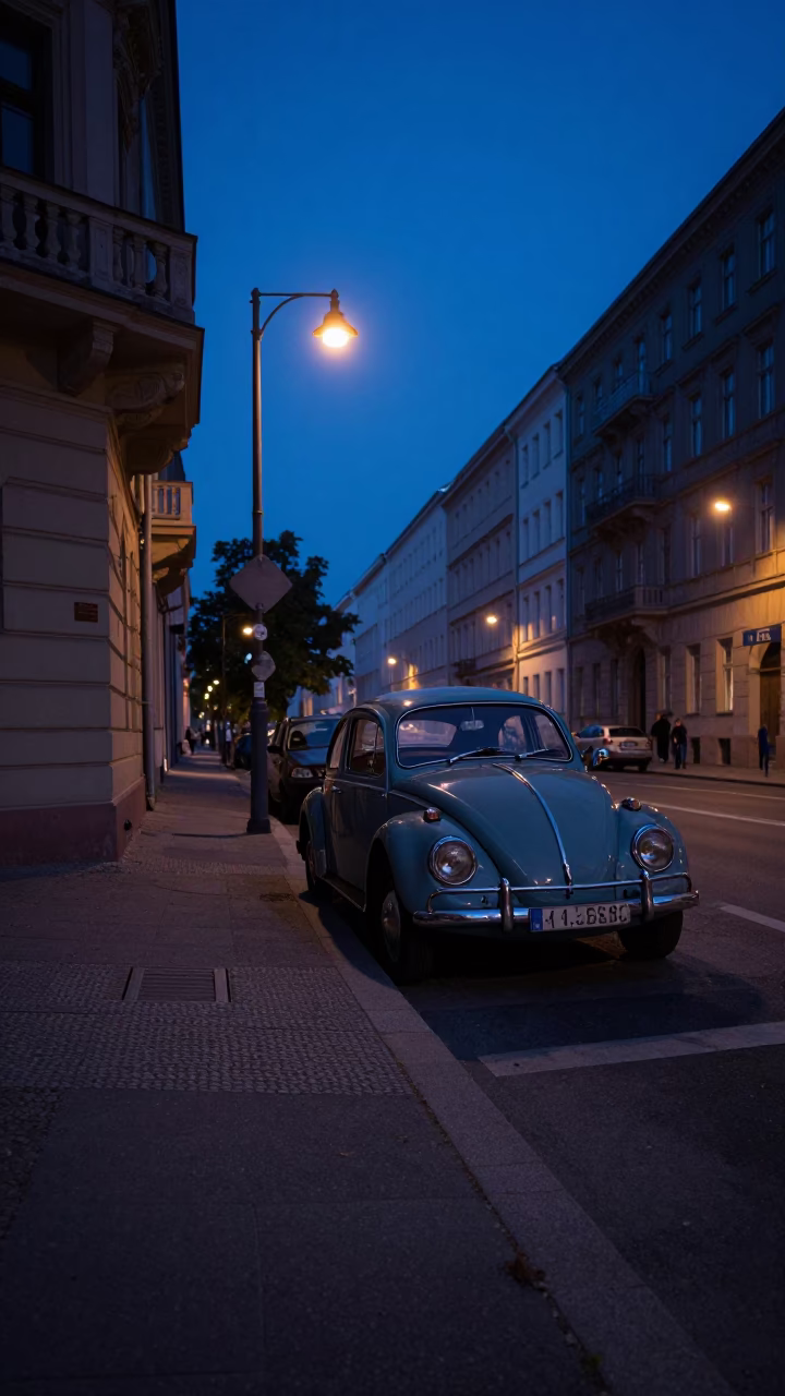 Indigo Twilight Street Scene in Berlin Germany with Vintage Car and Cobblestones in in Berlin, Germany