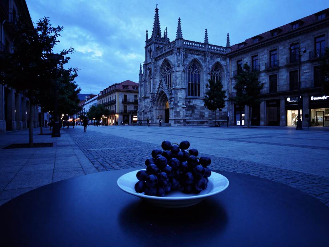 Indigo Twilight Street Scene in Bilbao Spain with Grapes and Porcelain Bowl in in Bilbao, Spain