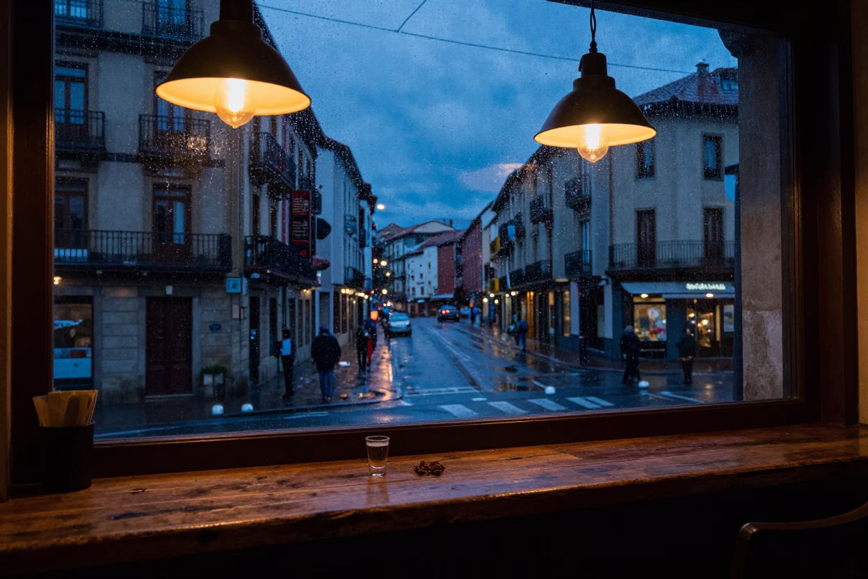 Indigo Twilight Street Scene in Bilbao Spain with Local Diner Interior Details in in Bilbao, Spain