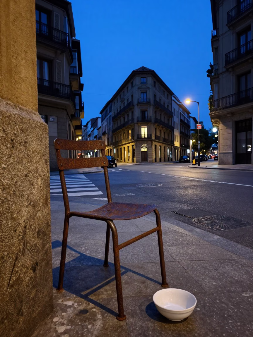 Indigo Twilight Street Scene in Bilbao Spain with Rusty Chair and Artistic Elements in in Bilbao, Spain