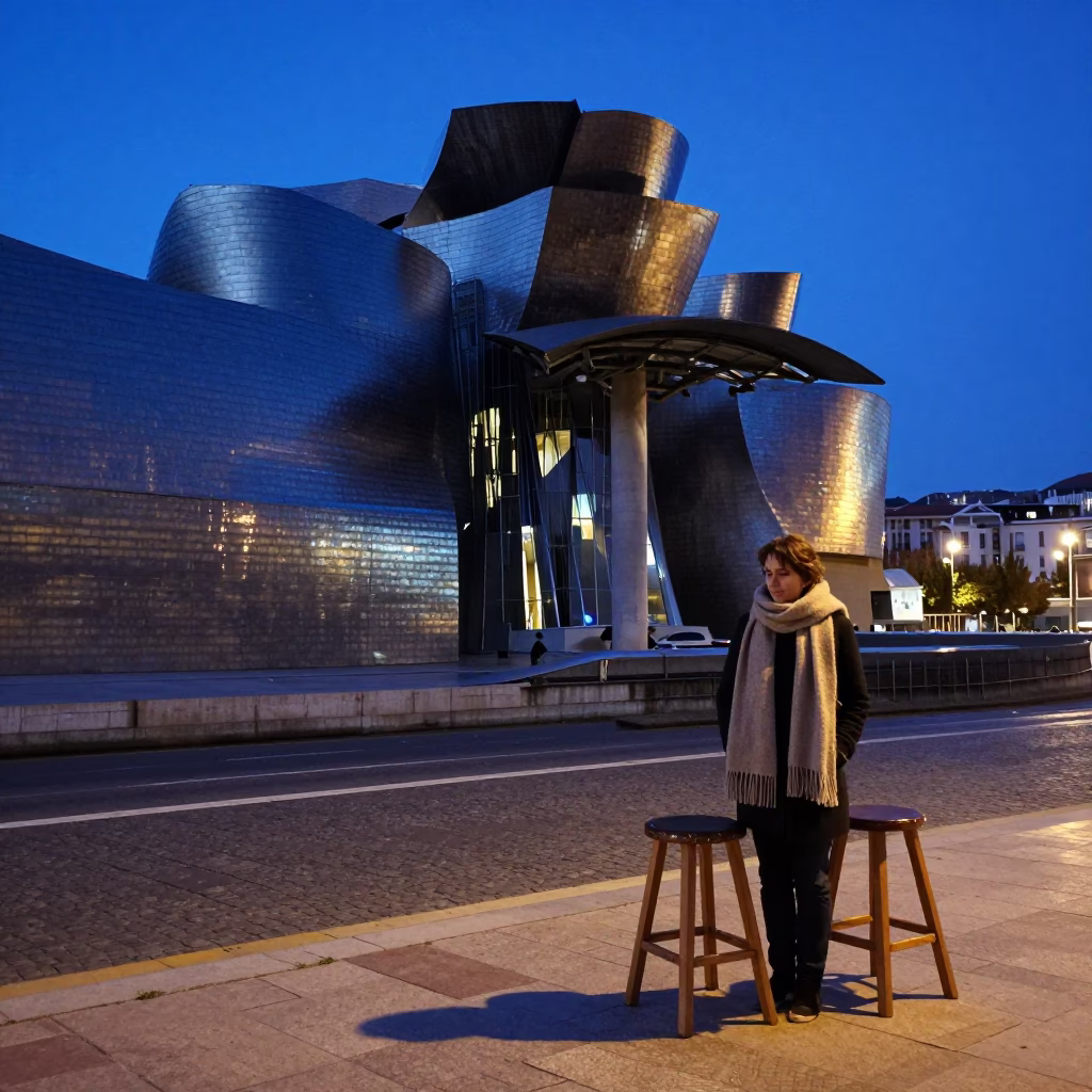 Indigo Twilight Street Scene in Bilbao Spain with Scarf and Stool in in Bilbao, Spain