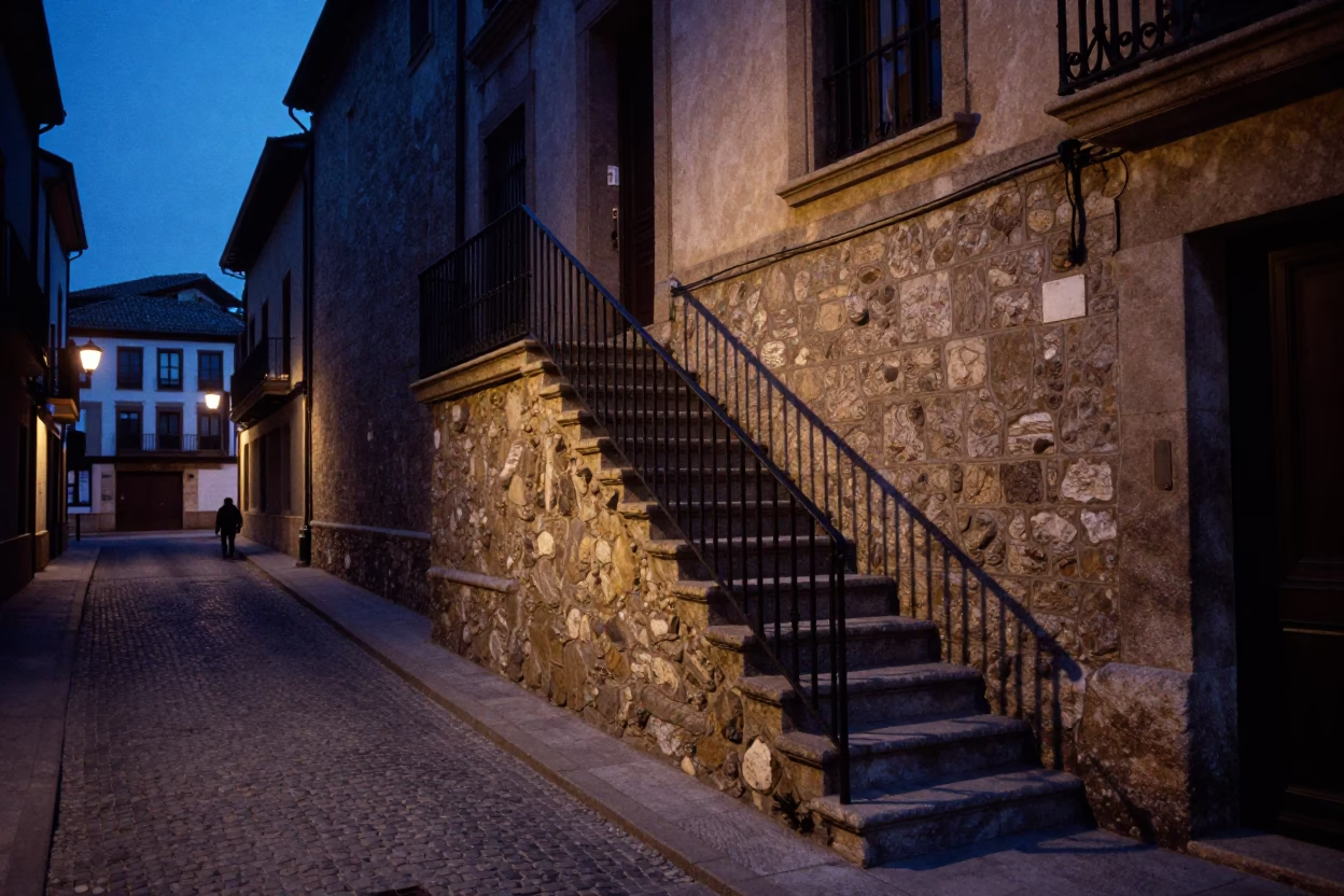 Indigo Twilight Street Scene in Bilbao Spain with Stair Rail and Pitcher in in Bilbao, Spain