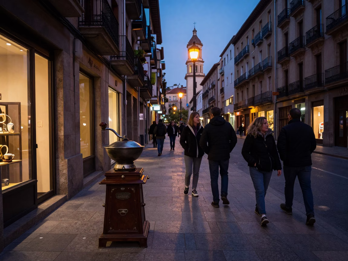 Indigo Twilight Street Scene in Bilbao Spain with Vintage Coffee Grinder and Local Interaction in in Bilbao, Spain