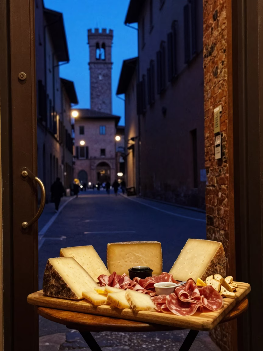 Indigo Twilight Street Scene in Bologna Italy with Gate Handle and Charcuterie in in Bologna, Italy