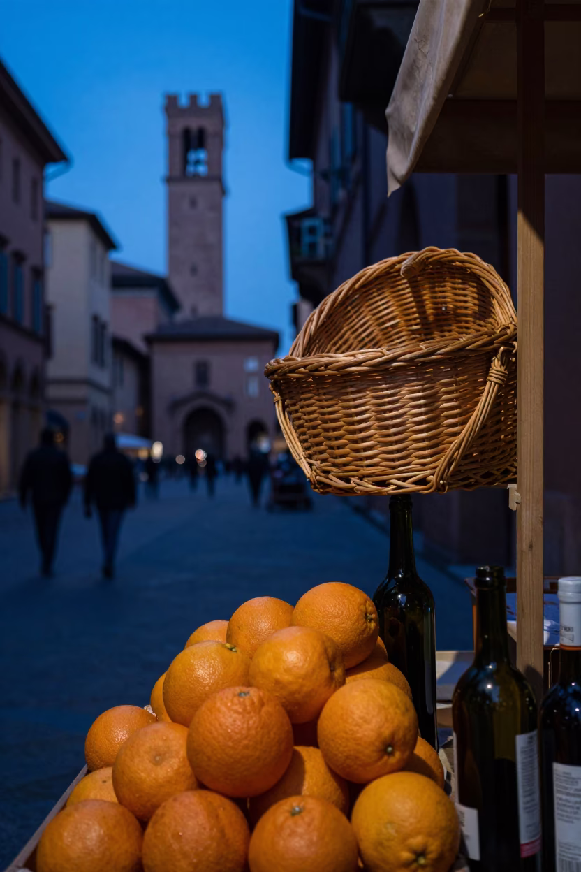 Indigo Twilight Street Scene in Bologna Italy with Oranges and Wicker Shadows in in Bologna, Italy