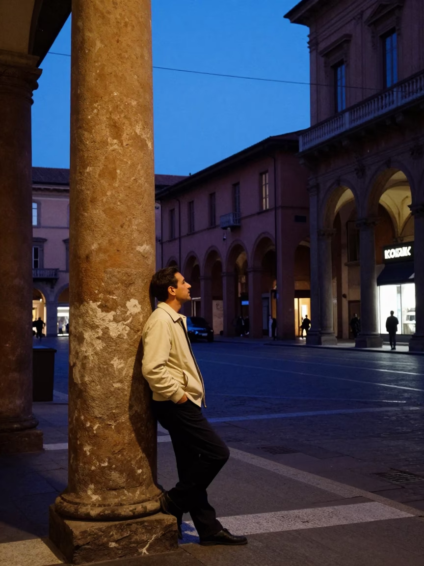 Indigo Twilight Street Scene in Bologna Italy with Vintage 1960s Atmosphere in in Bologna, Italy