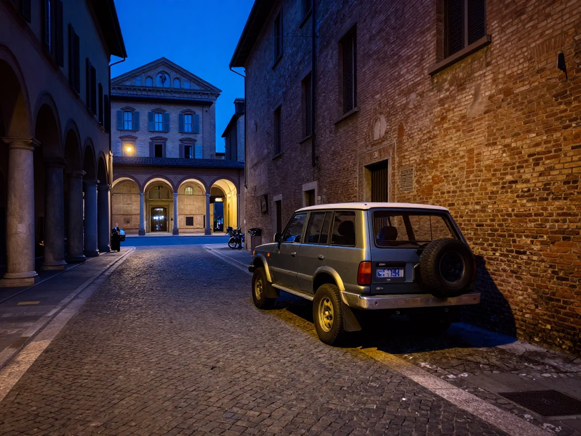 Indigo Twilight Street Scene in Bologna Italy with Vintage SUV and Doormat in in Bologna, Italy