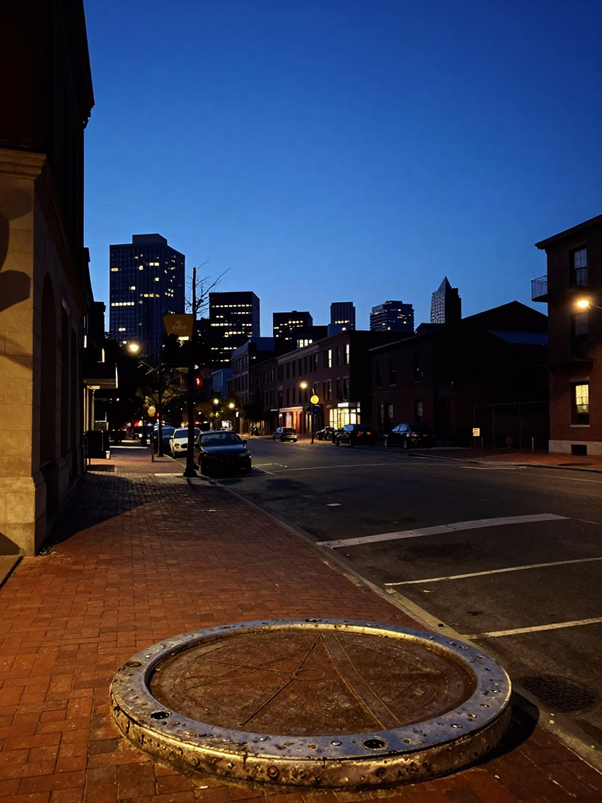 Indigo Twilight Street Scene in Boston Massachusetts with Dented Metal Rim in in Boston, Massachusetts, United States