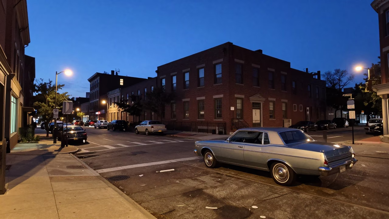 Indigo Twilight Street Scene in Boston Massachusetts with Vintage 1970s Urban Details in in Boston, Massachusetts, United States