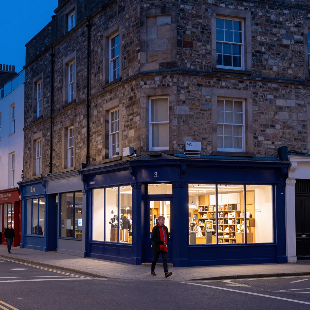Indigo Twilight Street Scene in Bristol UK with Scarf and Spindle Chair in in Bristol, United Kingdom