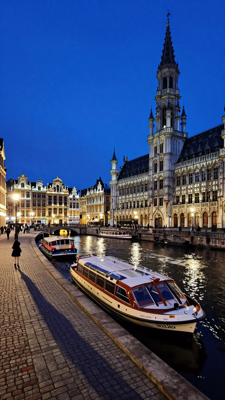 Indigo Twilight Street Scene in Brussels Belgium with Canal Houseboats and Water Taxi in in Brussels, Belgium