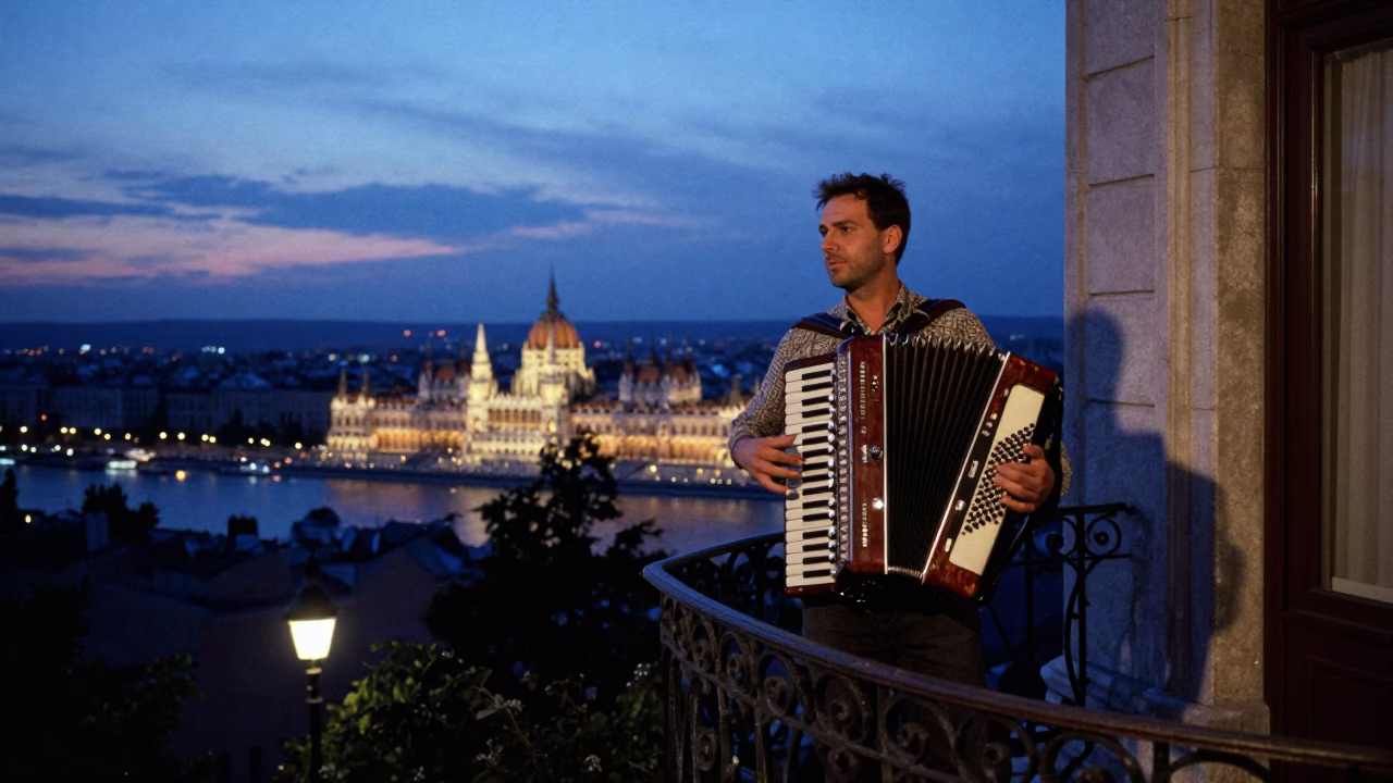 Indigo Twilight Street Scene in Budapest Hungary with Accordion Player and Vintage Architecture in in Budapest, Hungary