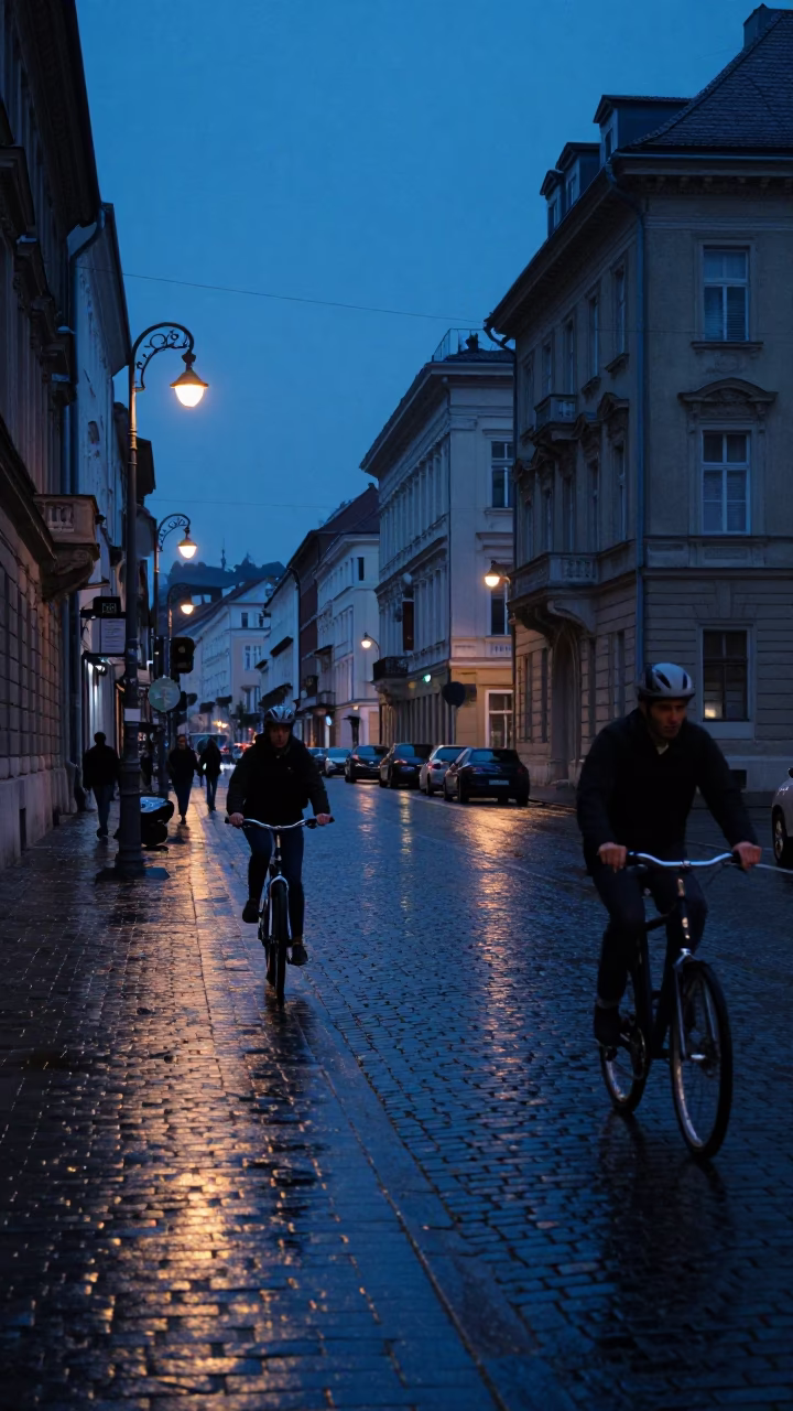 Indigo Twilight Street Scene in Budapest Hungary with Cyclist and Cobblestones in in Budapest, Hungary