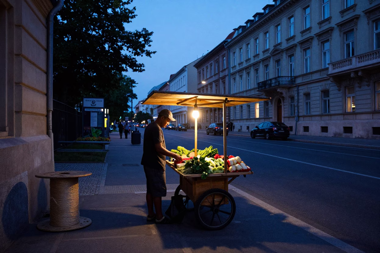 Indigo Twilight Street Scene in Budapest Hungary with Twine Spool and Glass Tile Detail in in Budapest, Hungary