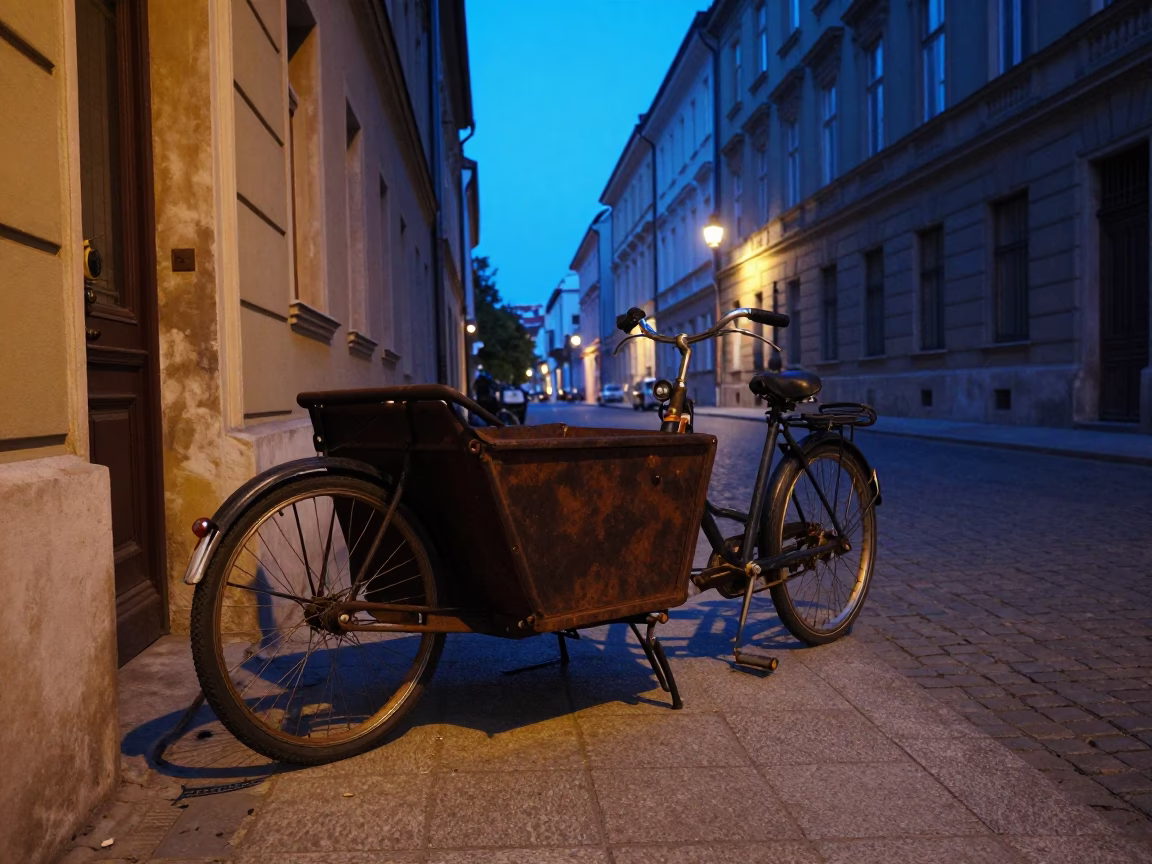 Indigo Twilight Street Scene in Budapest Hungary with Vintage Cargo Bicycle and Hanging Textiles in in Budapest, Hungary