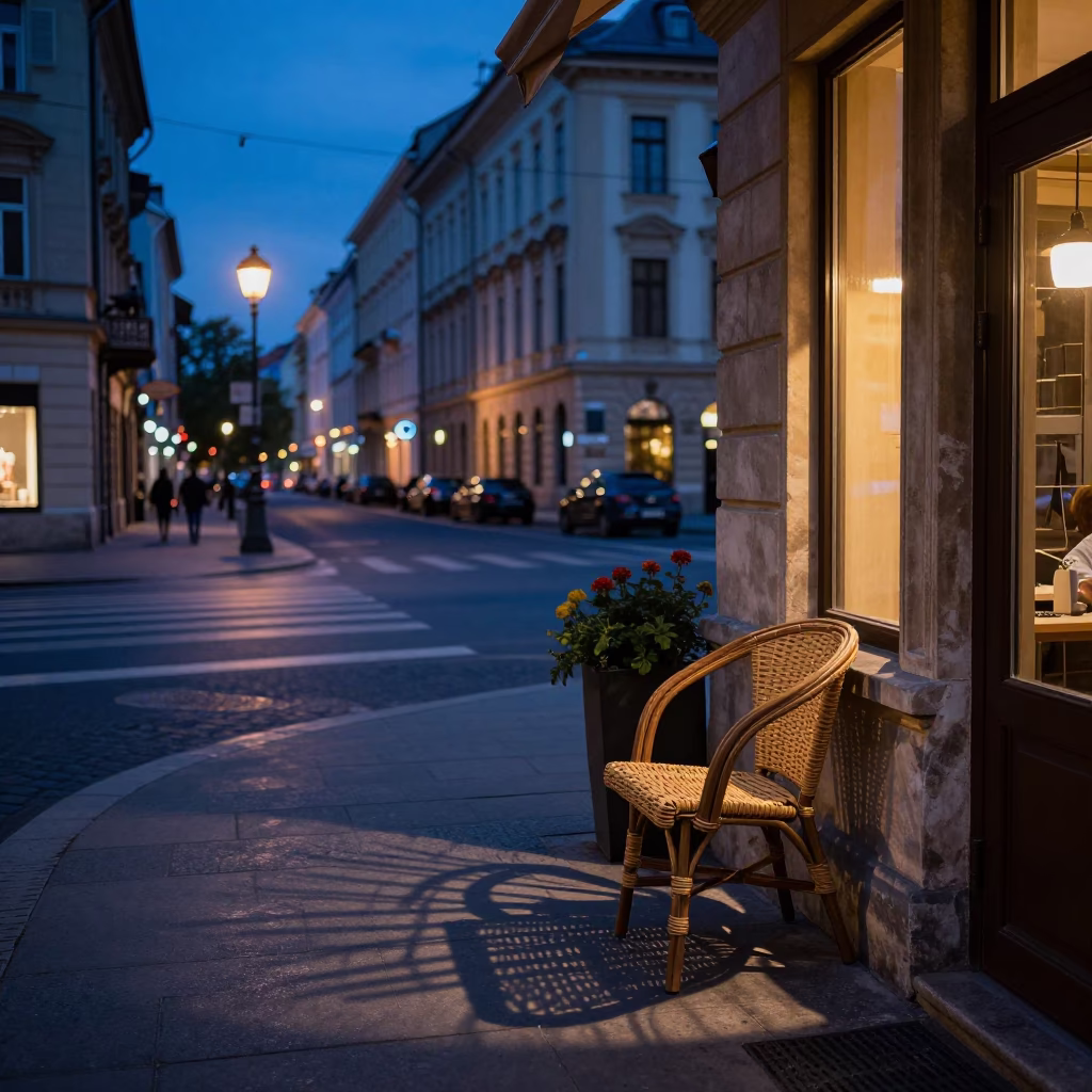 Indigo Twilight Street Scene in Budapest Hungary with Wicker Shadow and Urban Details in in Budapest, Hungary