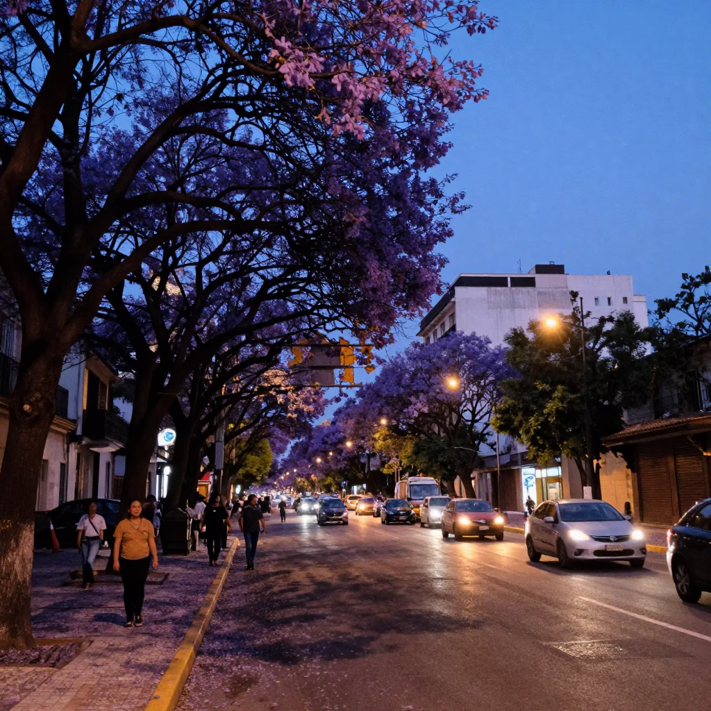 Indigo Twilight Street Scene in Buenos Aires with Purple Jacaranda Blooms and Urban Life in in Buenos Aires, Argentina