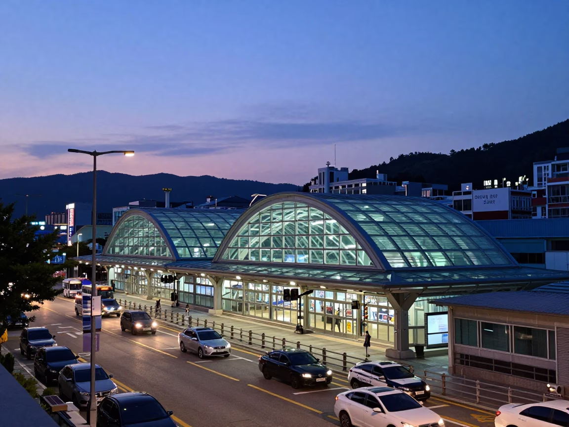 Indigo Twilight Street Scene in Busan South Korea with Glass Steel Station in in Busan, South Korea