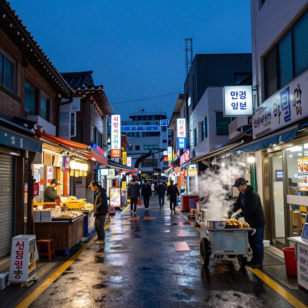 Indigo Twilight Street Scene in Busan South Korea with Gyoza and Urban Details in in Busan, South Korea