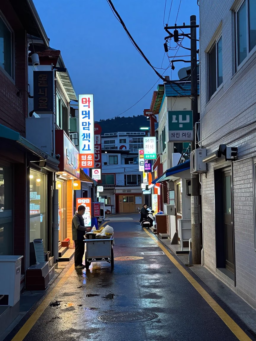 Indigo Twilight Street Scene in Busan South Korea with Local Details in in Busan, South Korea