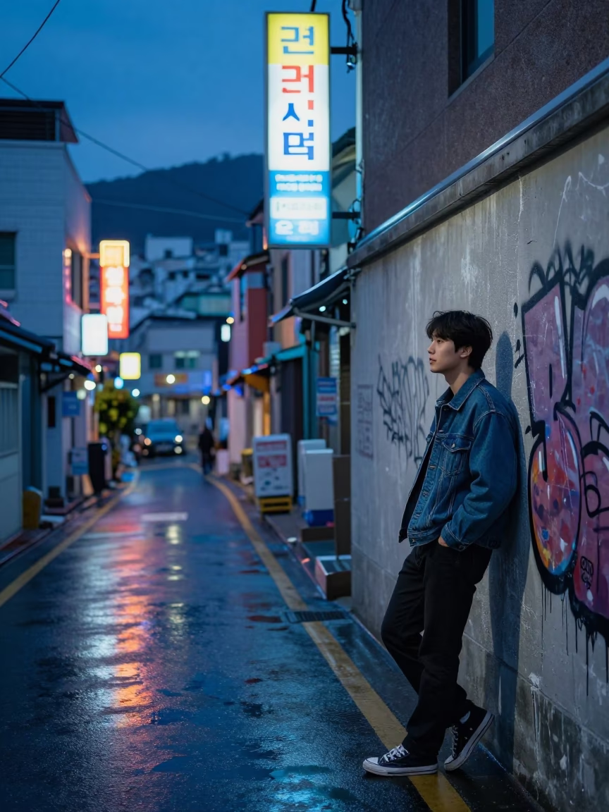 Indigo Twilight Street Scene in Busan South Korea with Neon Reflections and Urban Life in in Busan, South Korea