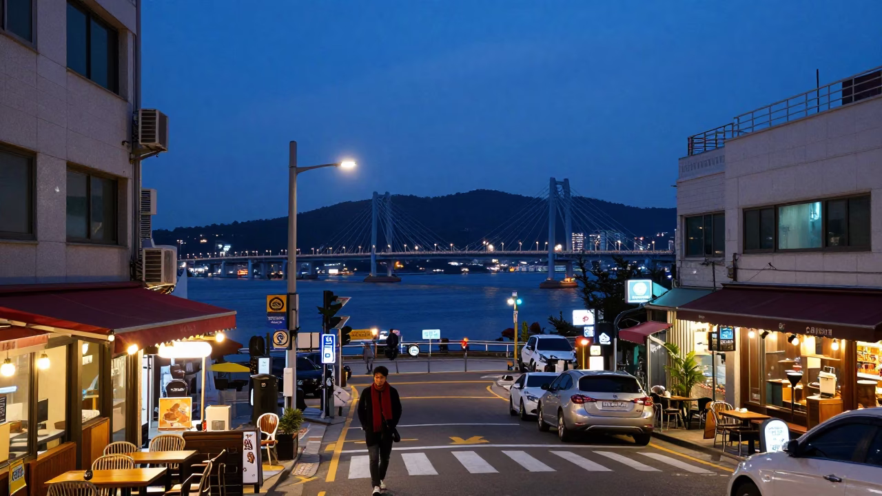Indigo Twilight Street Scene in Busan South Korea with Scarf and Urban Life in in Busan, South Korea