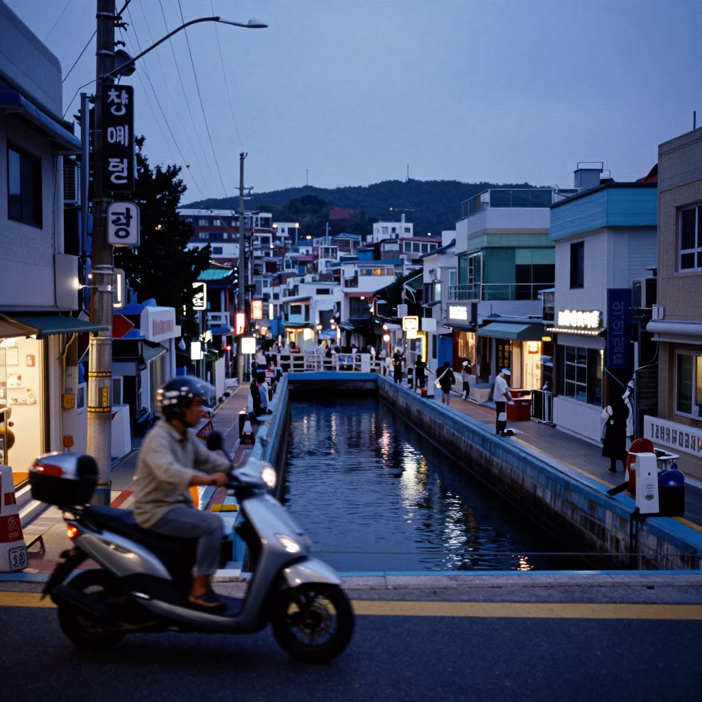 Indigo Twilight Street Scene in Busan South Korea with Scooter and Canal Lock in in Busan, South Korea