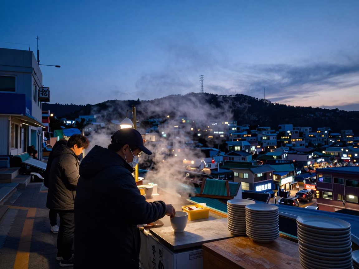 Indigo Twilight Street Scene in Busan South Korea with Steam Haze Above Drawer Pull in in Busan, South Korea