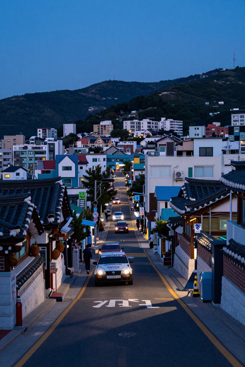 Indigo Twilight Street Scene in Busan South Korea with Vintage Car Rally in in Busan, South Korea