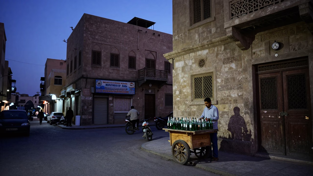 Indigo Twilight Street Scene in Cairo Egypt with Glass Bottles and Local Life in in Cairo, Egypt