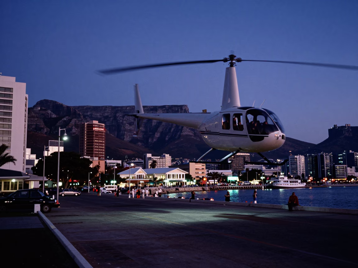 Indigo Twilight Street Scene in Cape Town South Africa with Helicopter Lift Off in in Cape Town, South Africa