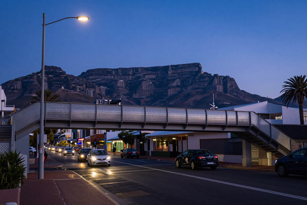 Indigo Twilight Street Scene in Cape Town with Pedestrian Overpass and Wet Footsteps in in Cape Town, South Africa